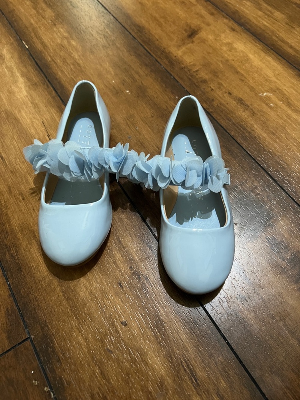 Copper Key Light Blue Patent Mary Jane Dress Shoes with Floral Strap